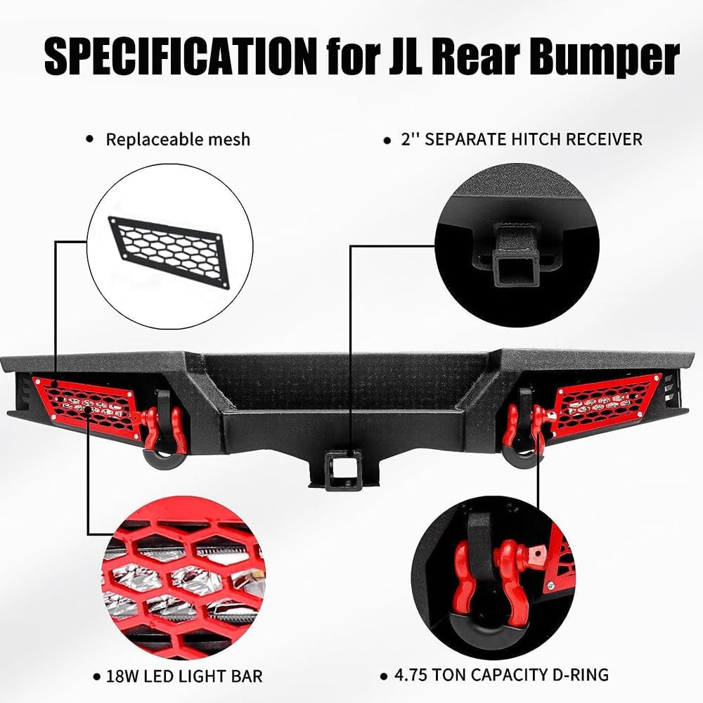 SUNPIE Rear Bumpers Compatible with Jeep Wrangler JL/JLU 2018 2019 2020 2021 2022 2023 2024 2025 2&4 Doors Rock Crawler Bumper w/ 2inch Hitch Receiver Mount&D Rings&LED, Textured Black