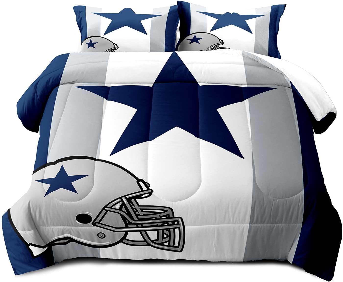 LUVIVIHOME 3PCS American Football Comforter Set, Queen Comforter Set for Men, White Navy Blue Striped Bedding Quilt Sports Bedroom Decor for Teen Boys Husband Boyfriend, Man Cave Decor, 2 Pillow Shams