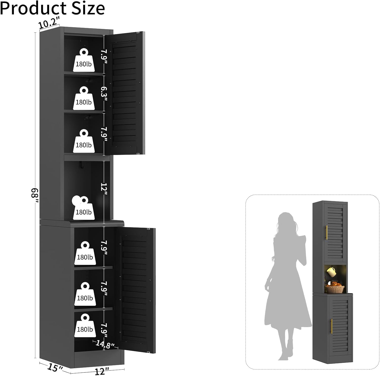 Metal Narrow Storage Cabinet, 68" Tall Kitchen Pantry Cabinet with 2 Doors & 4 Adjustable Shelves，Buffet Sideboard with Hutch, Cupboard for Bathroom, Home Office, Living Room, Dinning Room