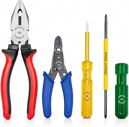 Perwal Supreme Combo set of 4, 1 pcs. Combination Plier, 1 pcs. Wire striper, 1 pcs. Line Tester, 1 pcs 2in1 Screwdriver