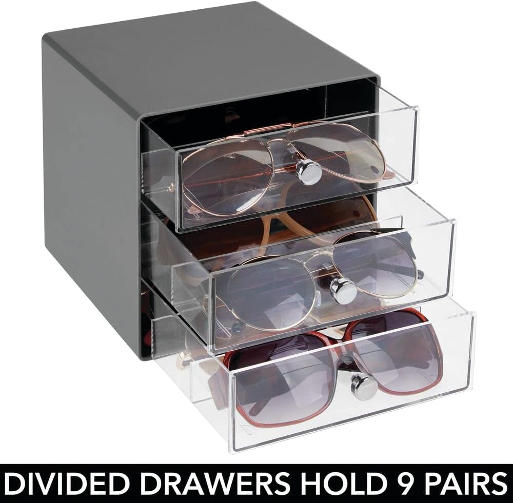 mDesign Stackable Plastic Eye Glass Storage Organizer Box Holder for Sunglasses, Reading Glasses, Lens Cleaning Cloths, and Accessories - 3 Divided Drawers, Chrome Pulls, 2 Pack - Charcoal Gray/Clear