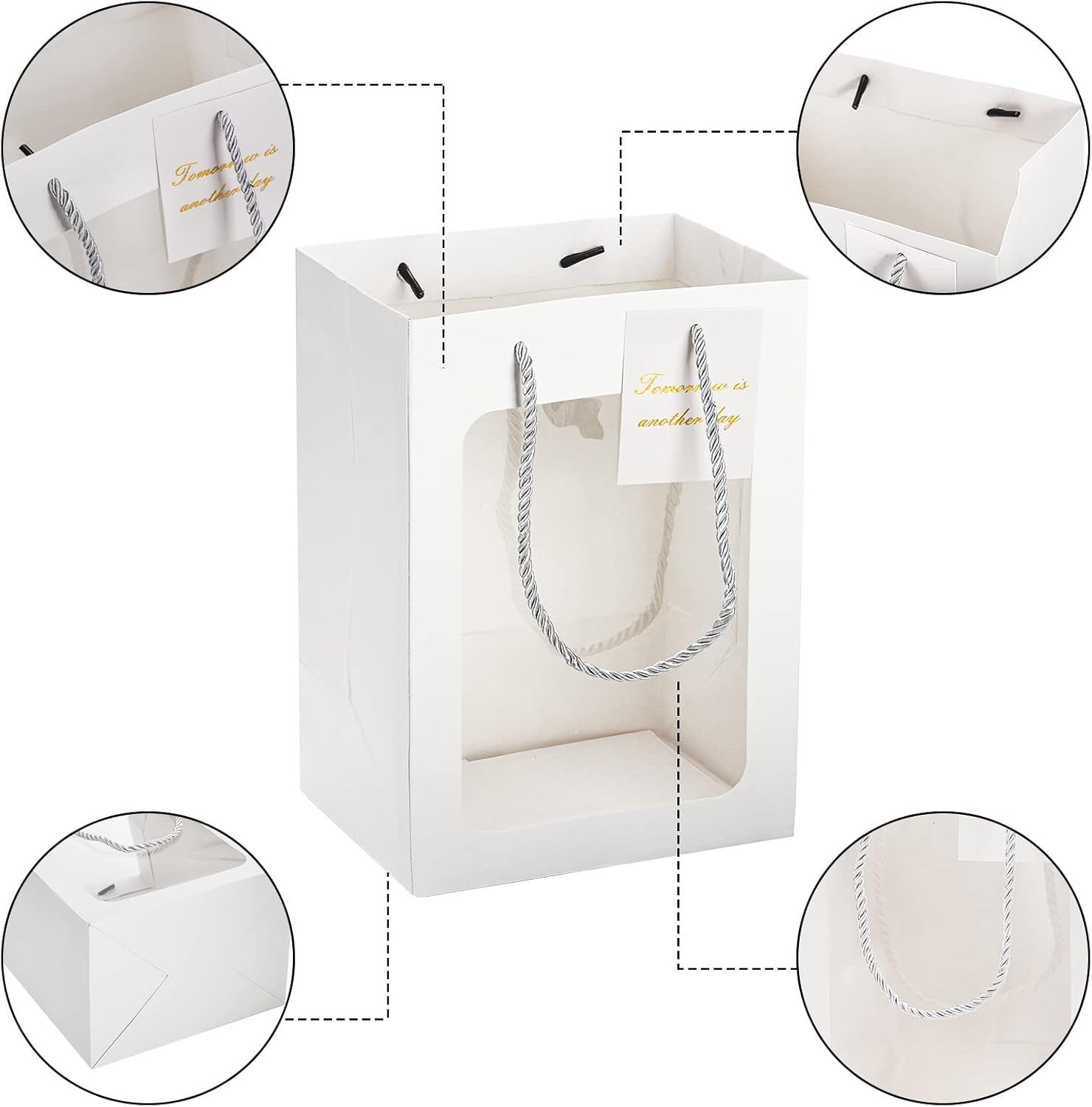 ZENFUN 24 Pack White Kraft Paper Bags with Handles, Gift Shopping Bags with Transparent Window, Paper Gift Bags for Thanksgiving Christmas Birthday Wedding, Multisizes - Image 3