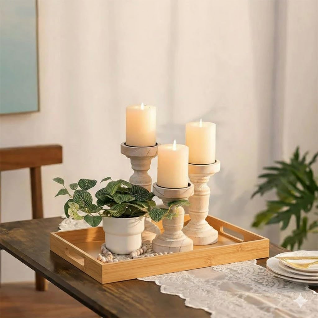 Briful Bamboo Decorative Tray with Handles - 16 x 12 Inch Rectangle Serving Tray for Coffee Table Decor Farmhouse Kitchen Counter Organizer & Bathroom Vanity Tray - Image 5