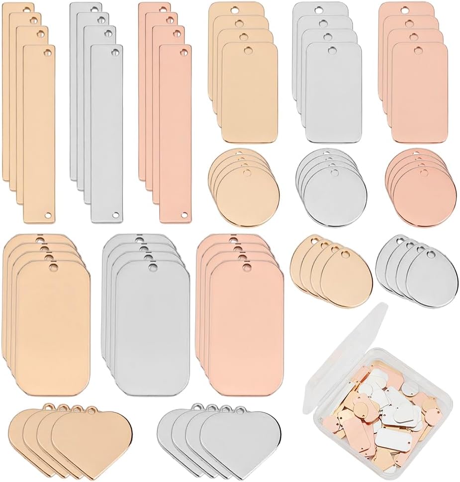 64pcs Metal Stamping Blank Tag Pendants 16 Styles Plated Stamping Blanks Charms Brass Engraving DIY Jewelry Making Kits for Bracelet Necklace Pet Collar Dog ID Name Tags DIY Craft