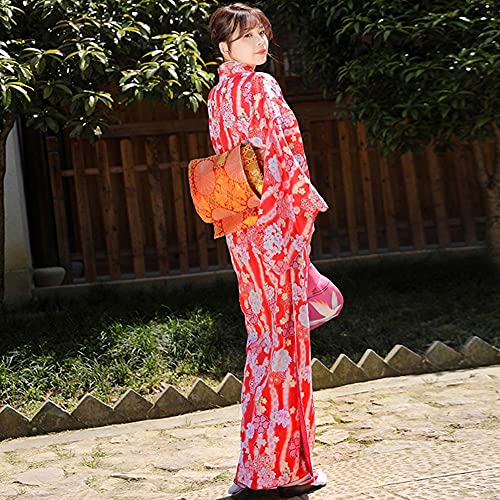 HFU Women\'s Vintage Japanese Kimono Traditional Red Komon Flower Kimono with Obi Belt Hanabi Festival Formal Wear (126# Red), Large