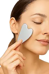 Massageador Facial de Gua Sha em Aço Inoxidável, Ferramenta de Beleza para Drenagem Linfática e Relaxamento, Design Ergonômico, Prata