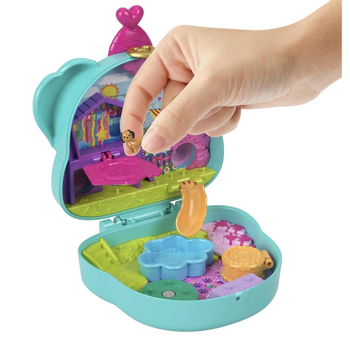 Polly Pocket - Cofanetto Il Compleanno del Cagnolino, playset con 2 micro bambole e 14 accessori, giocattolo da viaggio tascabili, giocattolo per bambini 4+ anni, HKV30