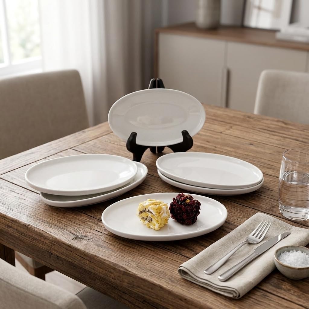Deconox 6'lı Porselen Küçük Boy Oval Tabak Seti - Minimalist Beyaz Sunum Tabağı Kahvaltılık Mezelik ve Sosluk Servis Takımı (16 x 9,7 x 2,2 cm)