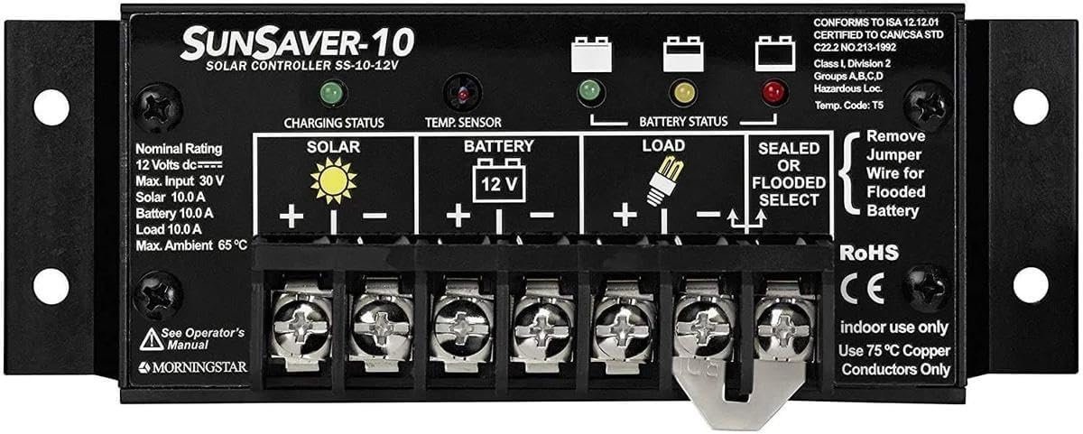 Morningstar Corporation SunSaver 10A PWM Solar Charge Controller 12V Batteries, Solar Panel Controller, 12V, White/Black, SS-10-12V