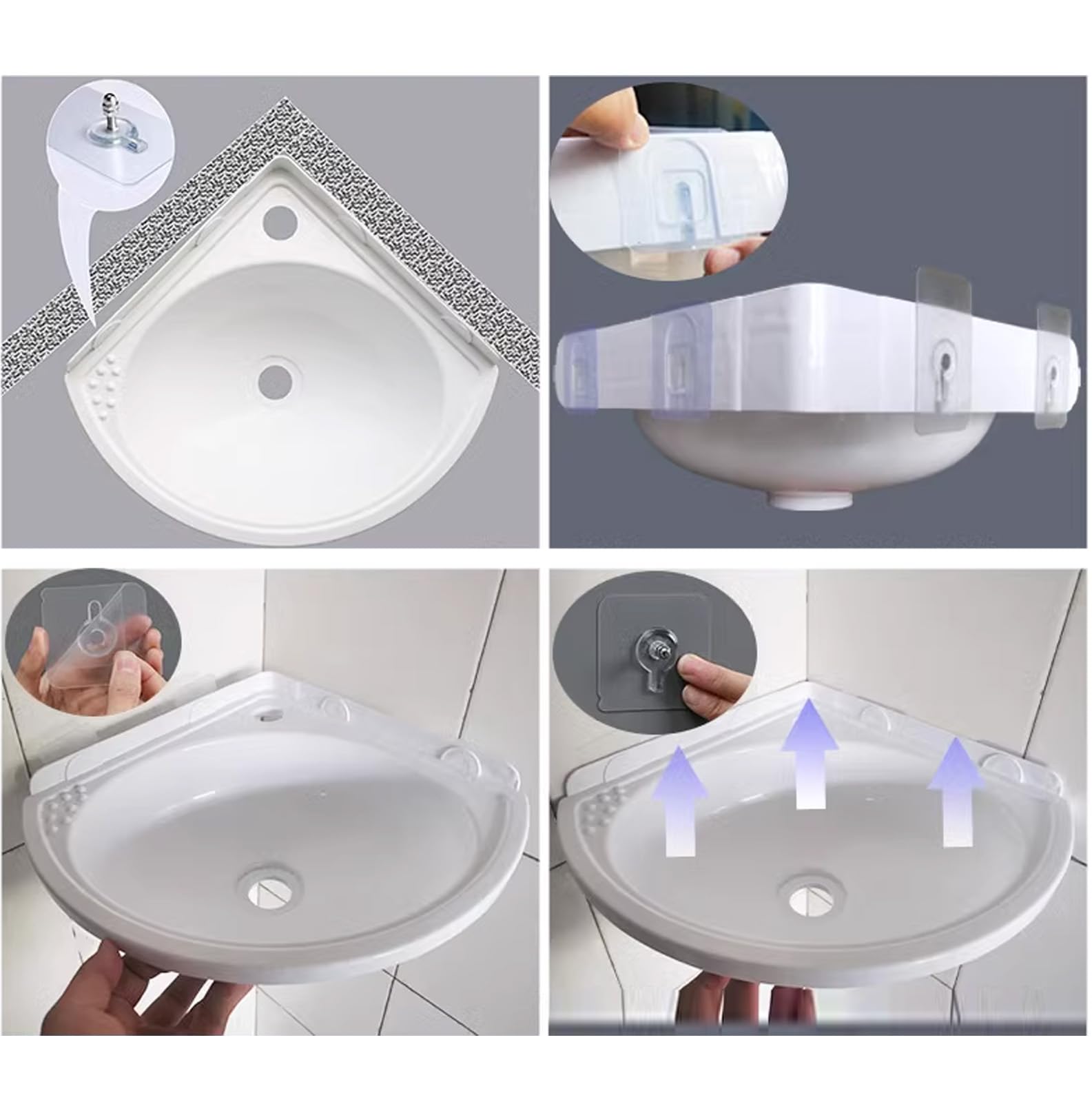 Lavabo angolare per montaggio a parete, 27,5 x 27,5 x 10 cm, in plastica, bianco, con scarico