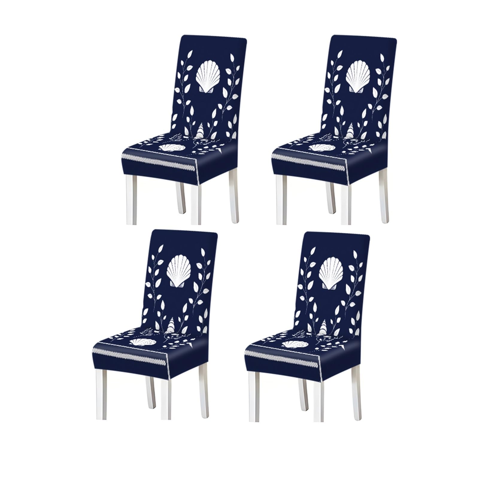 BOSUYBN Navy Blue Coastal Shell Chair Covers Set Of 2/4/6, Stretch Dining Chair Slipcovers, Nautical Beach House Decor Furniture Protectors for Home Dining Room(4PCSChair cover)