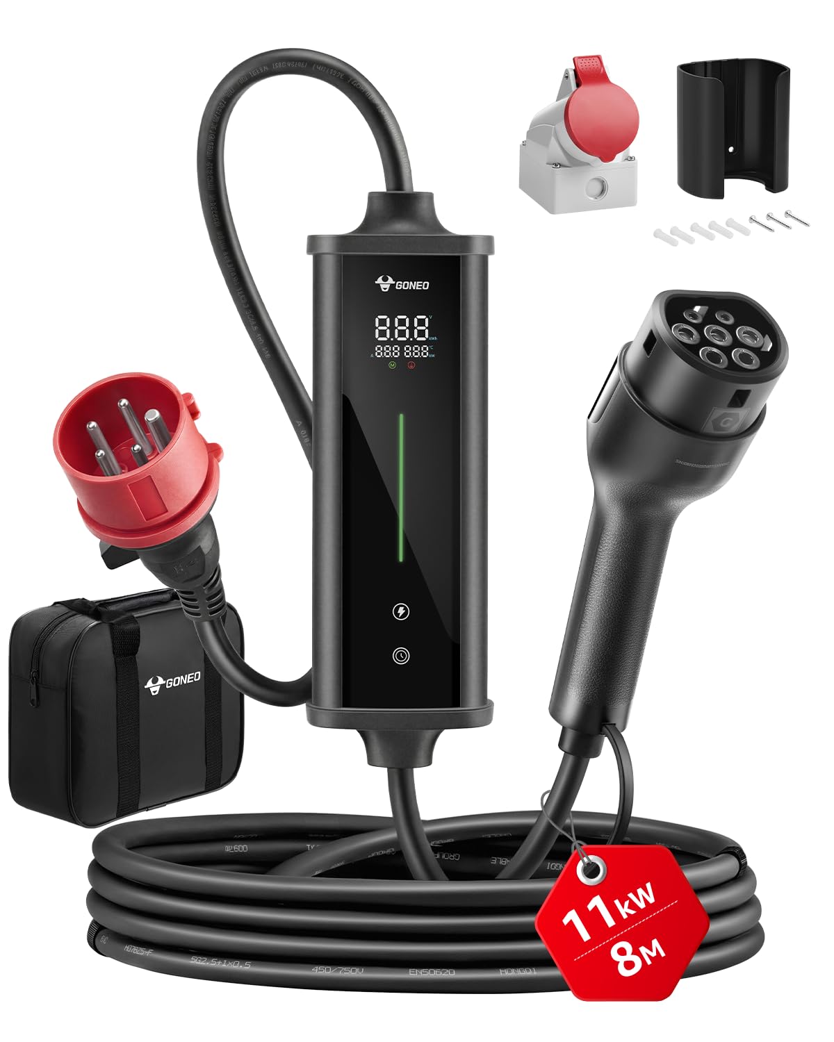 GONEO Ładowarka 11 kW typ 2 EV, 3-fazowa wtyczka CEE 16 A (regulacja 6-16 A), 8 m przenośny kabel do ładowania, przenośna skrzynka ścienna z wyświetlaczem LCD, timerem i IP66 do samochodu