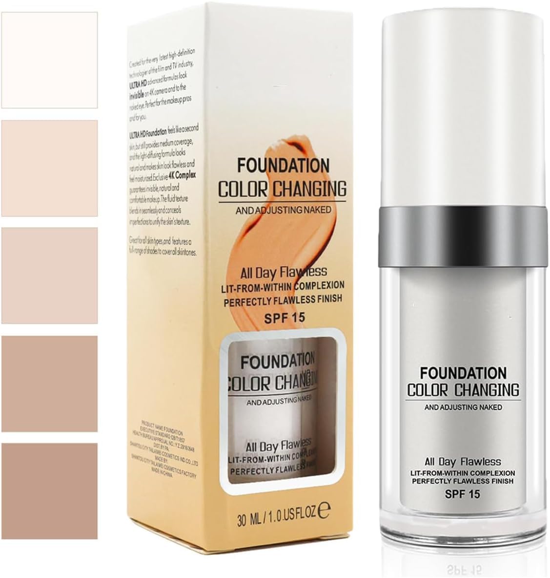 Colour Changing Liquid Foundation,Liquid Makeup Base Nude Face Cover Concealer Cream,Moisturizing, Sunscreen,for all Skin Tone SPF15,30ml (Natural, 1Pack)