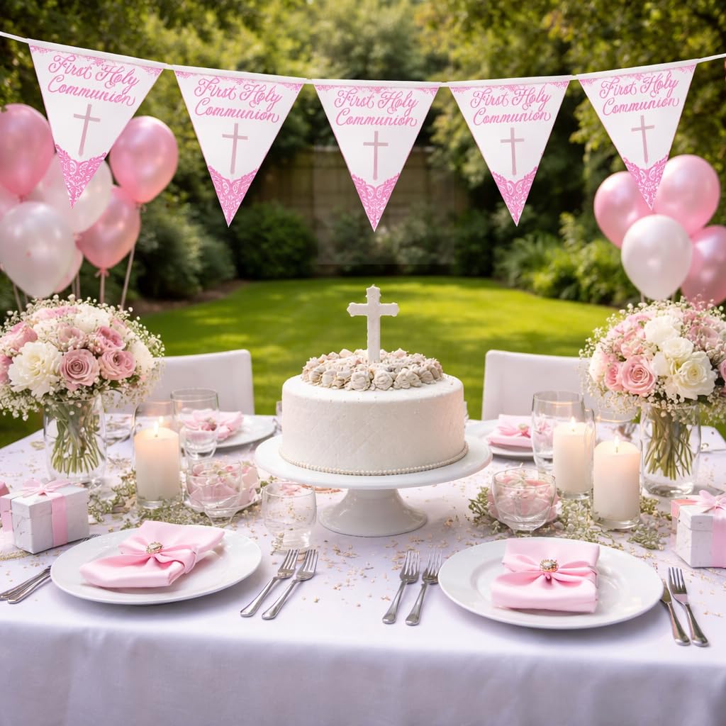 First Holy Communion Bunting 9ft (2.7m) Pink Foil Decoration – Religious Party Banner with Cross Design - Flag Banner