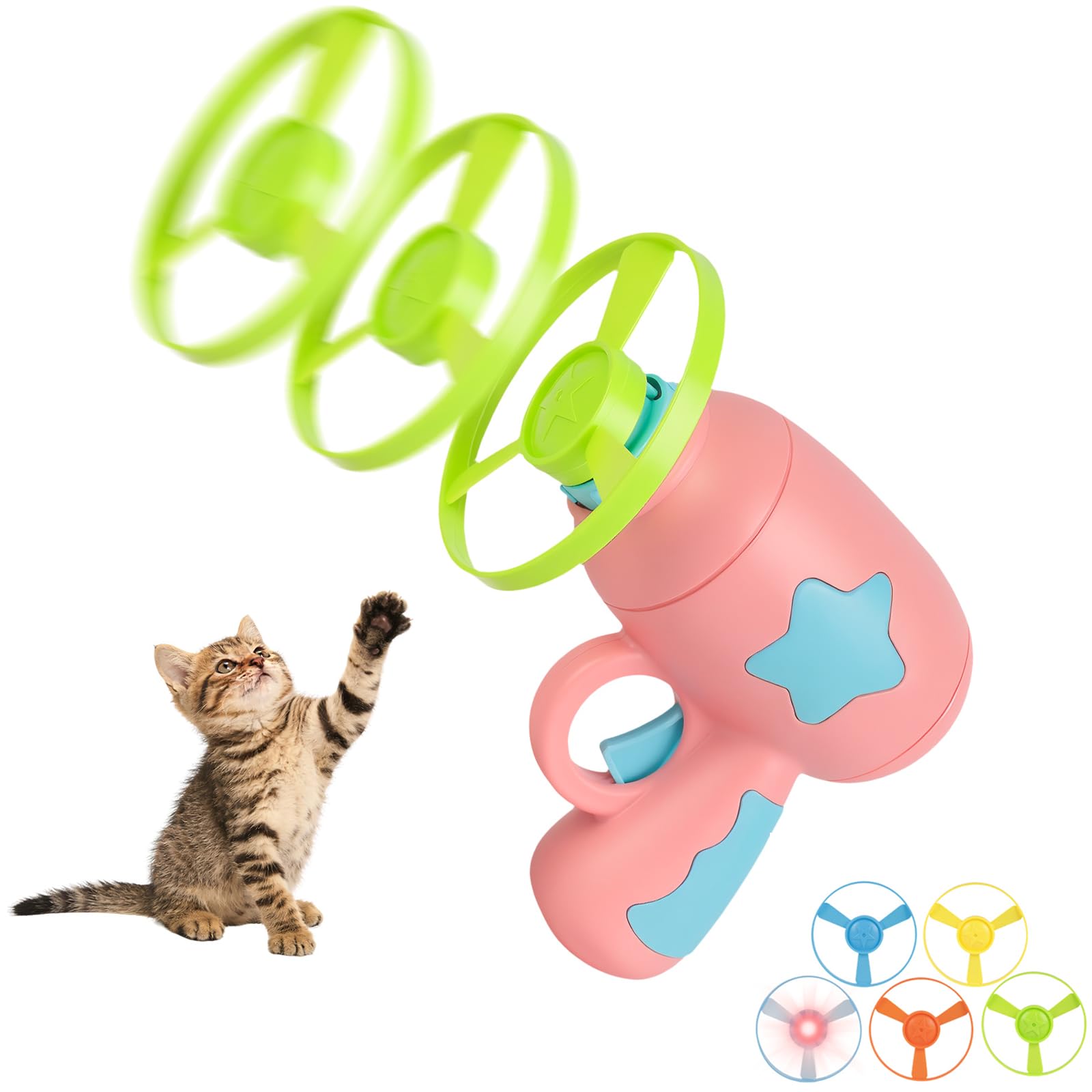 Flying Disc Launcher Cat Toy - with Shooters & Glowing Flying Disc, Propeller Launcher Toys for Kitten Puppy Chasing, Training, Hunting, Exercise, Interactive Cat Toy for Indoor and Outdoor (Pink)