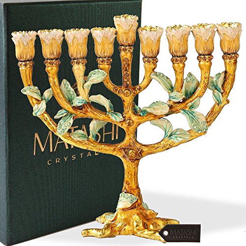 Matashi Hand Painted Enamel Menorah Candelabra W/Tree & Flower Buds Design & Spinning Dreidel Holiday Ornaments (Pewter) With Gold Accents And Crystals Jewish Candle Holder Hanukkah Gift Jewish Decor #TOP1