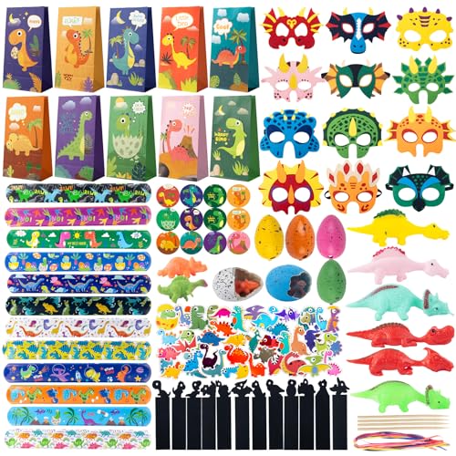 Dinosaur Party Bag Fillers for Kids - 164PCS Party Favours with Bags Slap Bracelets Felt Masks Stickers Dinosaur Eggs Give Away Girls Boys for Pinata Fillers Birthday Toys Favours Class Rewards