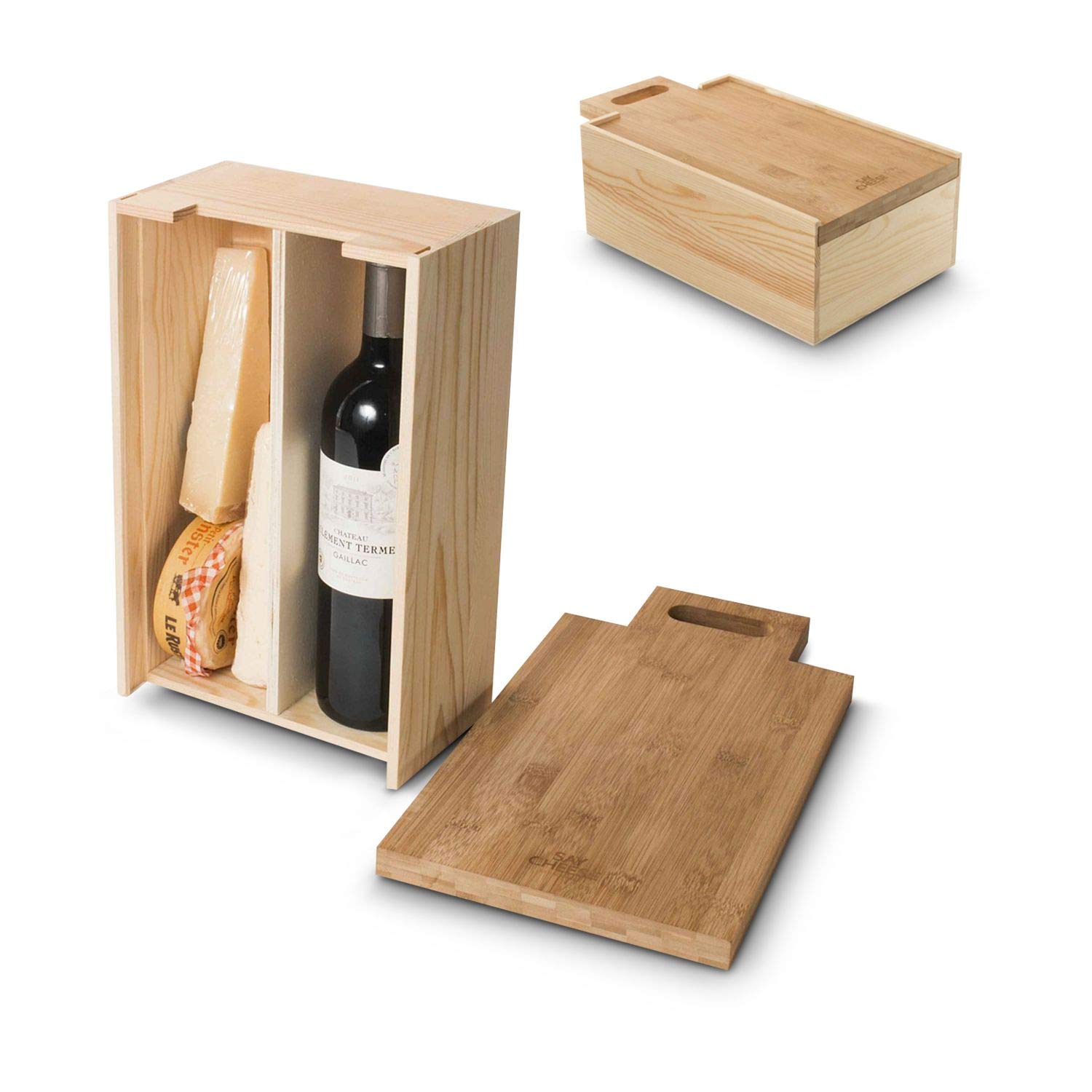 Römer Präsente Geschenkset Say Cheese: 8-teilig; 1 Montepulciano Rotwein, 1 Glas Feigensenf, 1 ROMINOX- Käsemesserblock (magnetisch) mit 4 Besteckteilen in wandelbarer Weinverpackung als Käsebrett