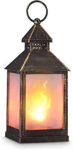 zkee 11" Vintage Style Decorative Lantern,Flame Effect LED Lantern,(Golden Brushed