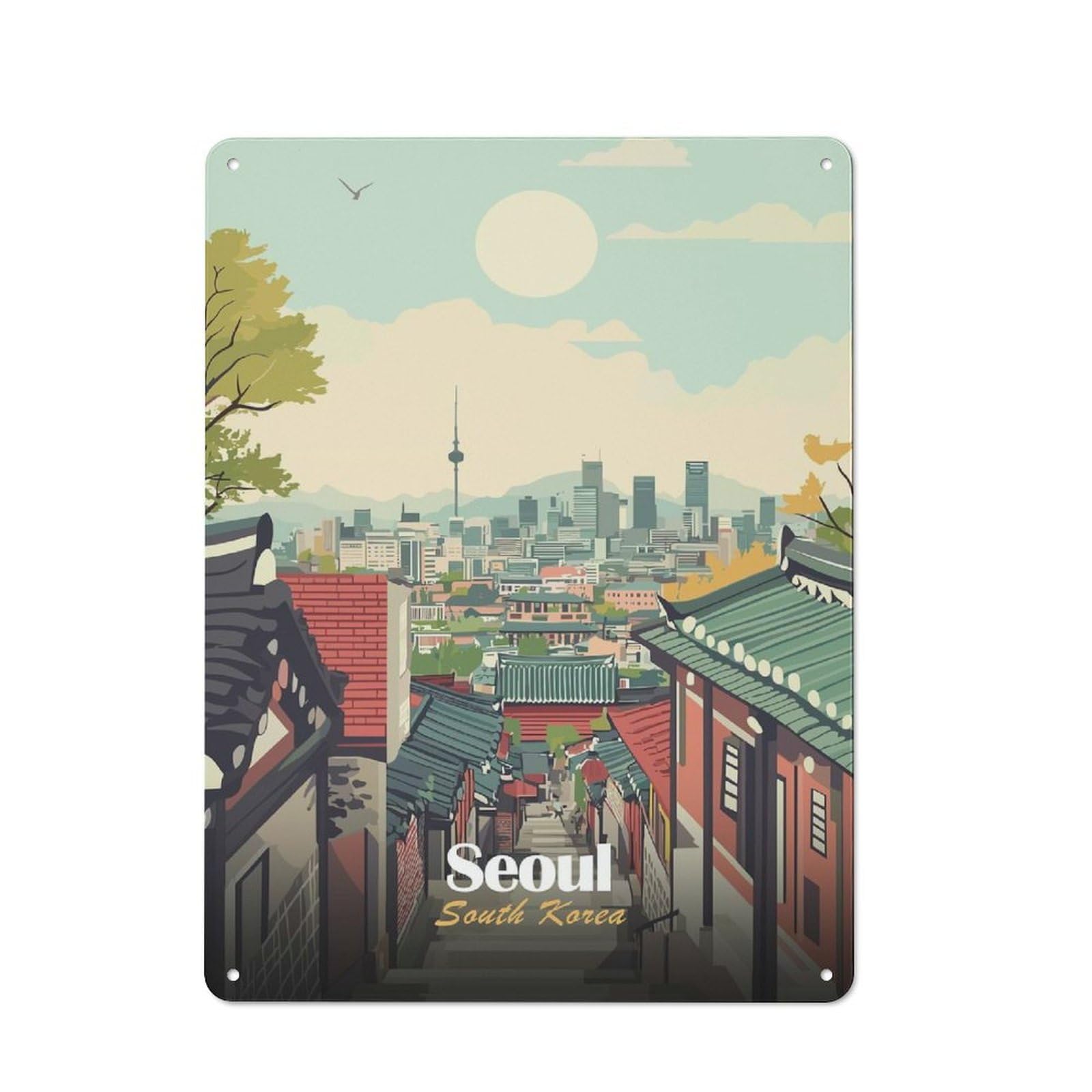 Seoul Cityscape Illustration Decorative Tin Sign 40x30cm, Distressed Look Vintage Wall Decor for Lounge, Study, Pub Or Wall Gallery