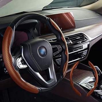 SEMAPHORE Carbon Fiber Steering Wheel Cover,Non Slip Car Steering Accessory,15-inch Universal Auto Car Steering Wheel Cover (Brown) Compatible with Hyundai Alcazar