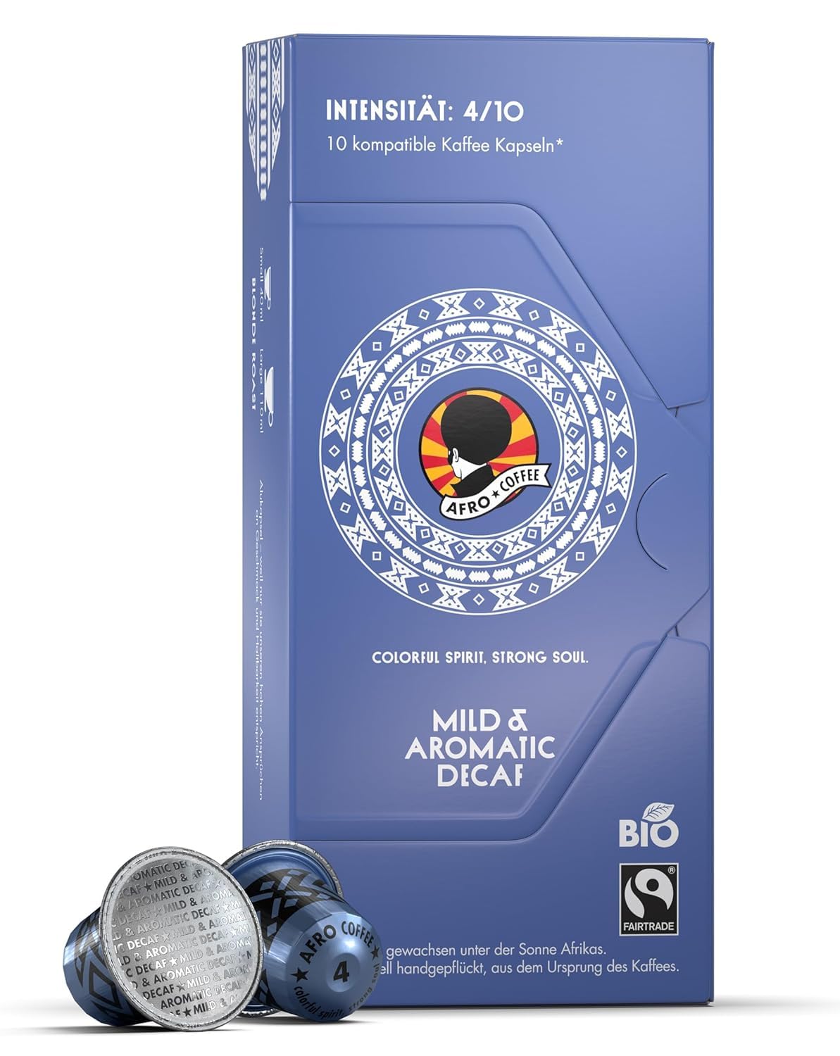 AFRO COFFEE Mild & Aromatic Decaf Bio I 12 Pack I 120 Premium Kaffee Kapseln Fairtrade I Arabica Bohnen entkoffeiniert I in kompatiblen Kaffeekapseln* I Ostafrika I mittel geröstet & säurearm