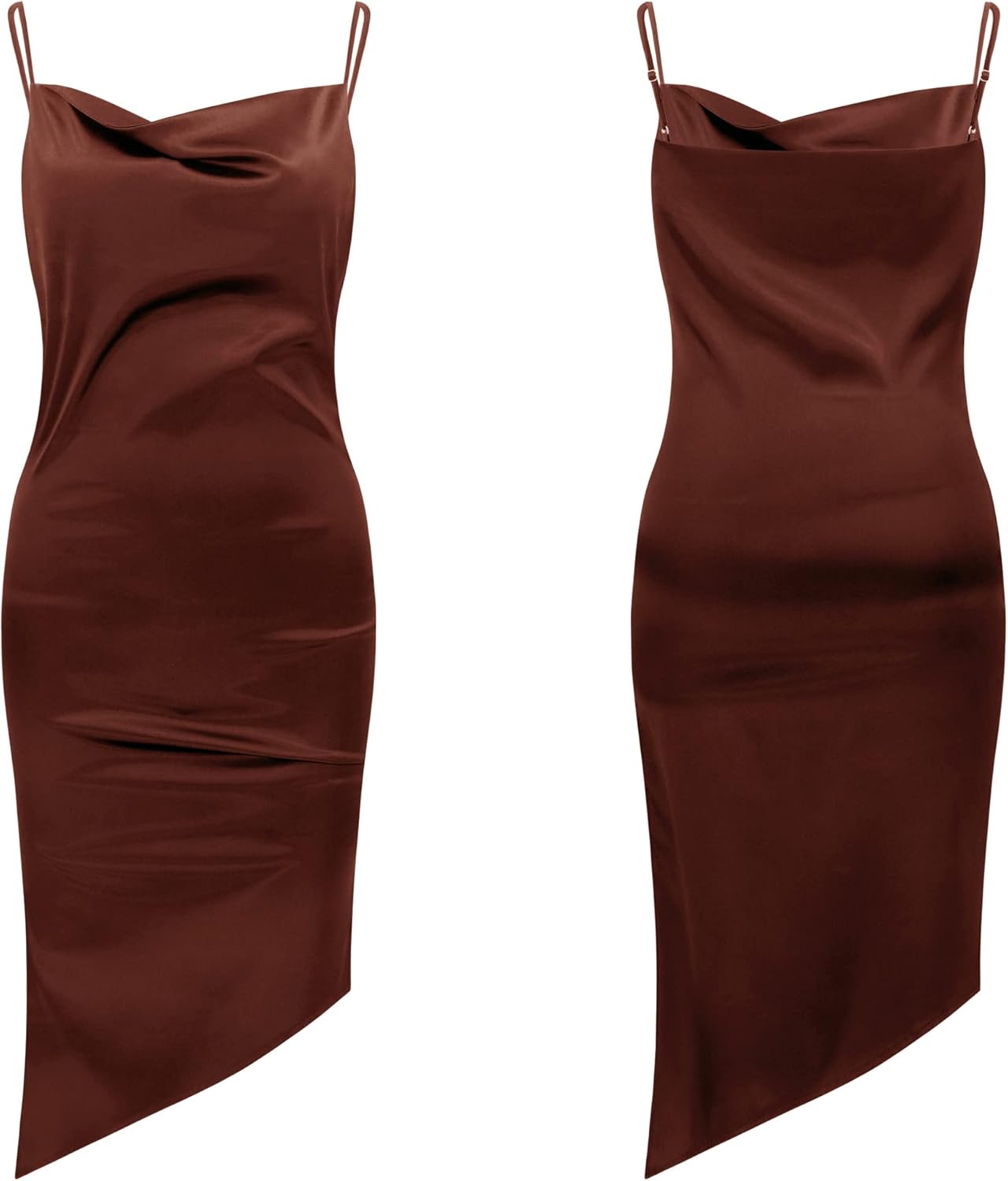 R.Vivimos Women's Satin Dress Spaghetti Straps Side Slit Cowl Neck Irregular Hem Midi Dress - Image 6