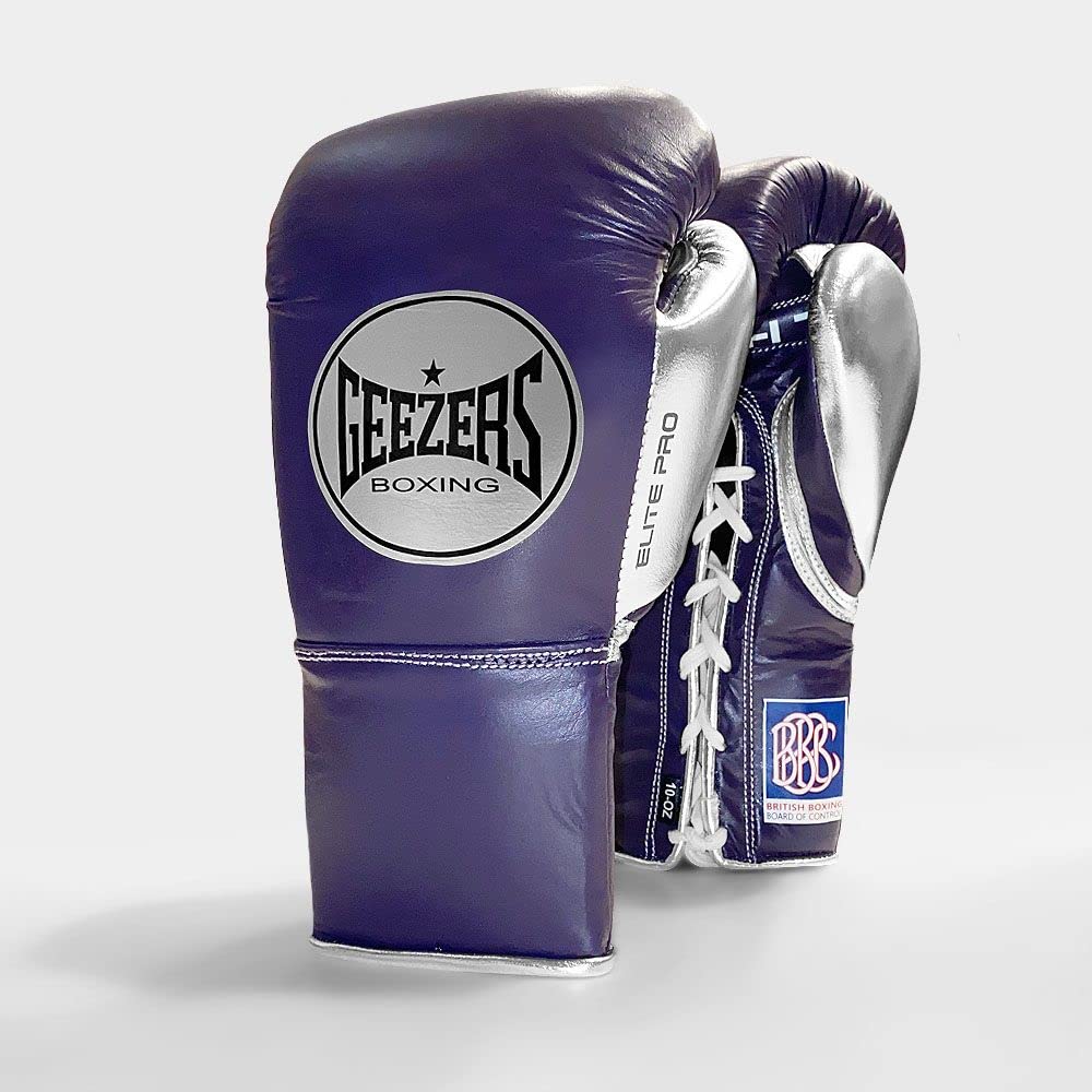 Geezers Boxing Elite Pro Special Edition Mens, Womens Fight Boxing gloves, Approved by the BBBofC for all professional fights. (Purple/Silver, 10oz) โ image 1