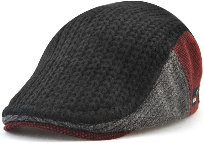 Knitted Newsboy Ivy Hat Wool Thicken Warm Leisure Peaked Cap Men The Elderly Winter (Black)