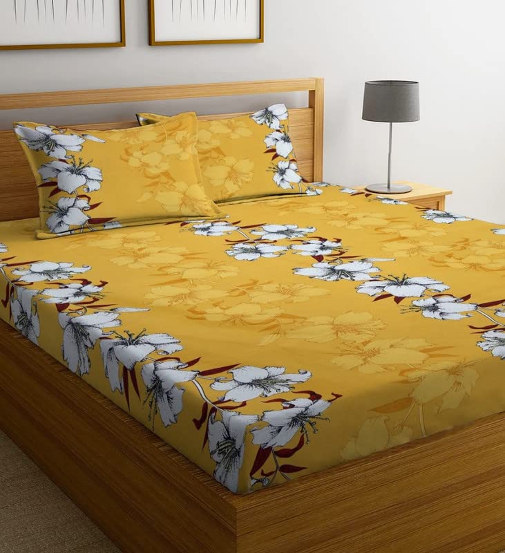 Image of NHD HOME Cotton 180 TC All Around Elastic Fitted Floral Premium Prints Queen Size Double Bed Bedsheet With 2 Large Pillow Covers Fits Upto Mattress Of 8 Inches,Size-60 inch X 78 inch Inches, Dark Blue & White