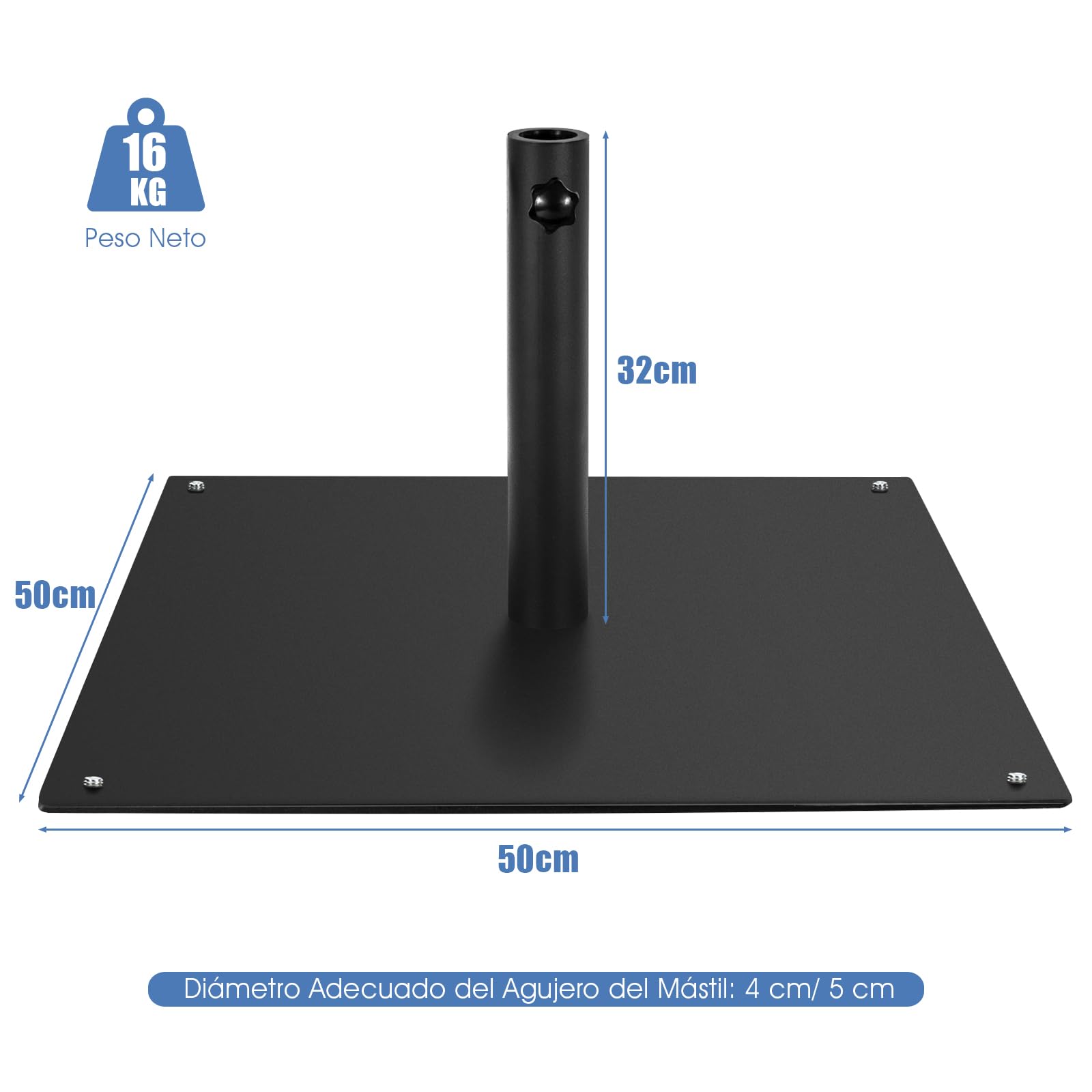 COSTWAY Base Sombrilla Terraza Exterior Cuadrada, Soporte Sombrilla Neto 16kg, Apto 40mm, 50mm, 4 Almohadillas de Pie Ajustables, Pie Sombrilla Jardin Terraza (16, Kilogramos) (Negro)