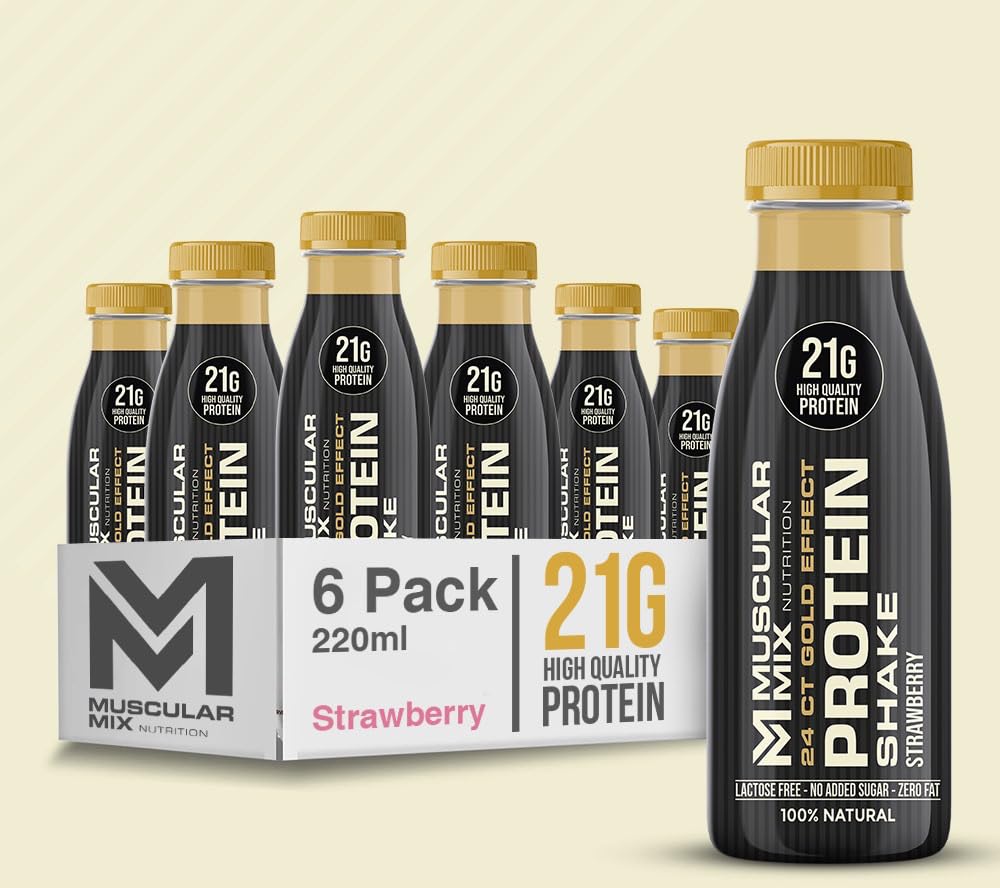 Protein Milk Shake - Strawberry Flavour 21 G Protein, No Added Sugar, Lactose Free, Fat Free, 100% Natural, No Preservative, No Artificial Flavour, HPP Technology ( High Pressure Technology), 24 Carat Gold Effect, Pack of 6 ( 220 ml x 6 )