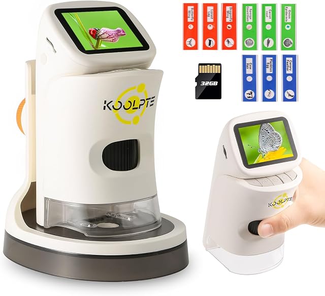 Microscope numérique portable pour enfants, 1000X, 4K, écran LCD de 2'' | Kit de microscope éducatif pour les 8-12 ans ; 6 lumières LED, lames, carte de 32 Go, capture photo/vidéo, et un cadeau pour les enfants.