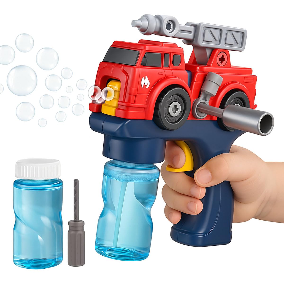 Toyana Bubble Gun for Kids, Take Apart Fire Truck Building Toy, Automatic Bubbles Blower Machine with 2 Bottles Bubble Concentrate Solution Garden Activity Set for Children 3+ Years