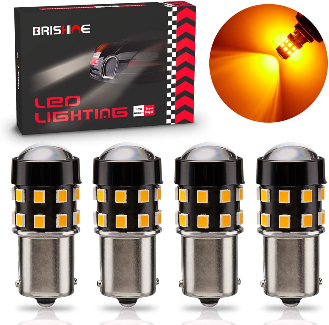 4-Pack Super Bright 1156 1003 1141 7506 BA15S LED Bulbs Amber Yellow 9-30V Non-Polarity 24-SMD LED Chipsets with Projector for Turn Signal Lights, Side Marker Lights