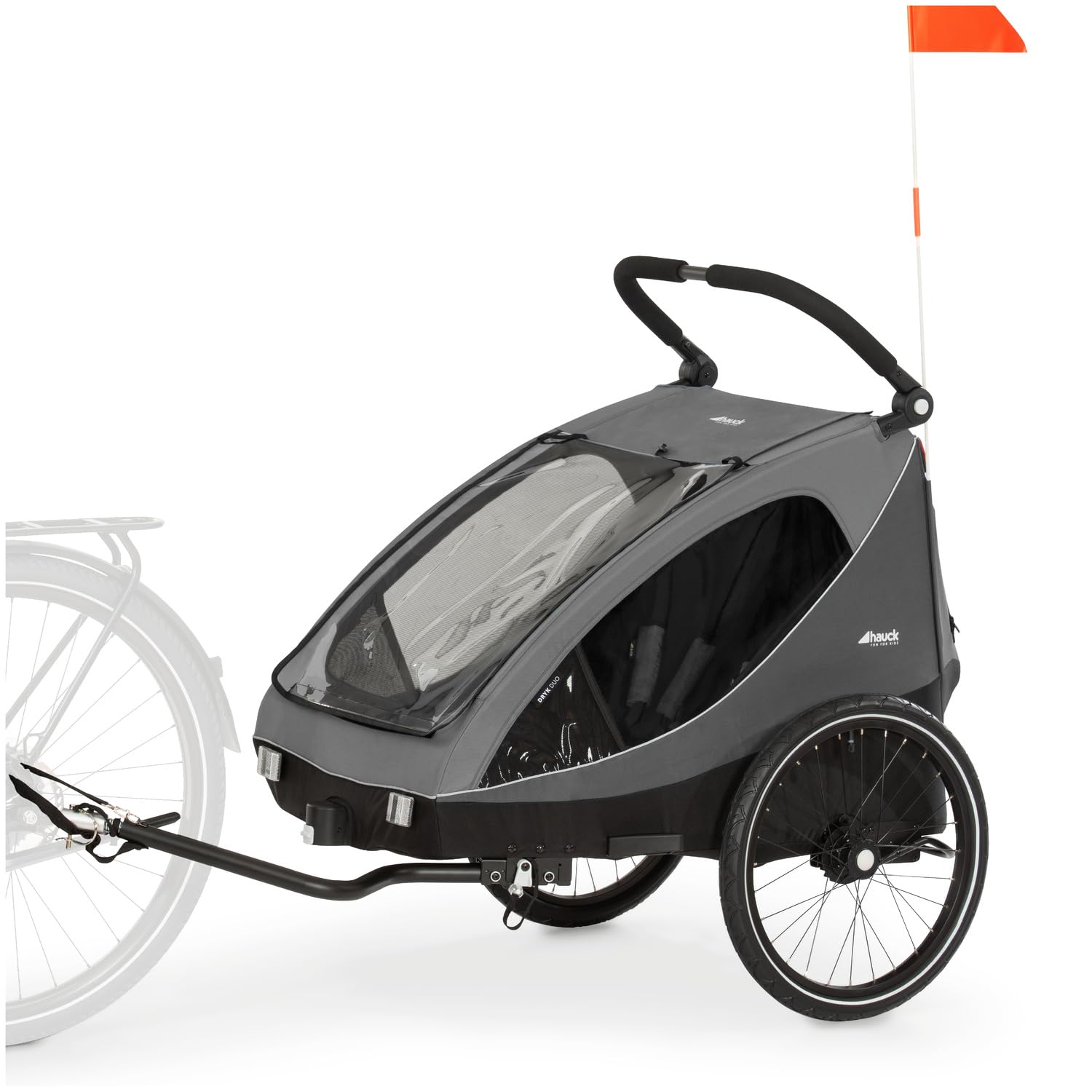 hauck Remorque Velo et Poussette 2 Enfants 2-en-1 Dryk Duo (6 Mois à 120 cm / 22 kg), inclus Barre d'Attelage, Attache Vélo, Roue Avant, Fanion et Feu Arrière – Pliable, Coffre XL – Gris