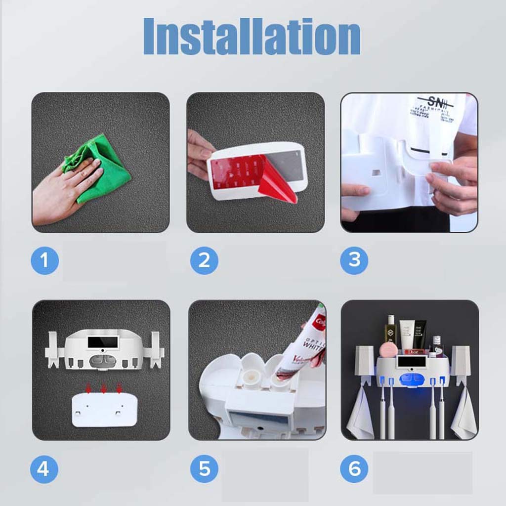 TJH Portacepillos de desinfección UV, Esterilización Inteligente Pasta de Dientes Cepillo de Dientes esterilizador, Set de Enjuague bucal montado en la Pared para 4 baños