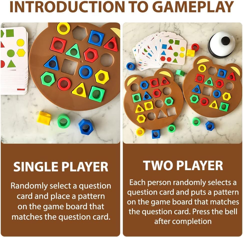 Image of WISHKEY Geometric Shape Matching Board Game for Kids 3-5 Years with Bell - Color Sorting, Shape Recognition Puzzle, Brain Development Educational Toy with 30 Cards & 32 Blocks for Preschool Learning