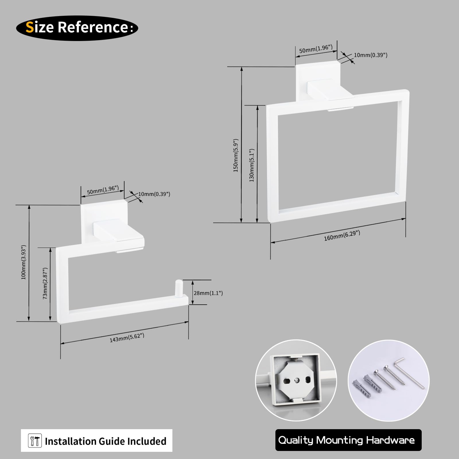 GERZWY 2-teiliges Badezimmer-Hardware-Set, Handtuchring und Toilettenpapierhalter, SUS 304 Edelstahl, Wandmontage, Weiß