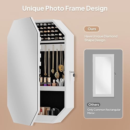 Miniatura 9 de Bonnlo Armario de joyería moderno en forma de diamante, organizador octogonal con cerradura con espejo, montado en la pared para ahorrar espacio