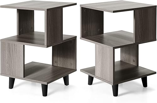 COSTWAY Juego de mesa de noche de 2 piezas, mesa auxiliar moderna, estante de almacenamiento, color gris