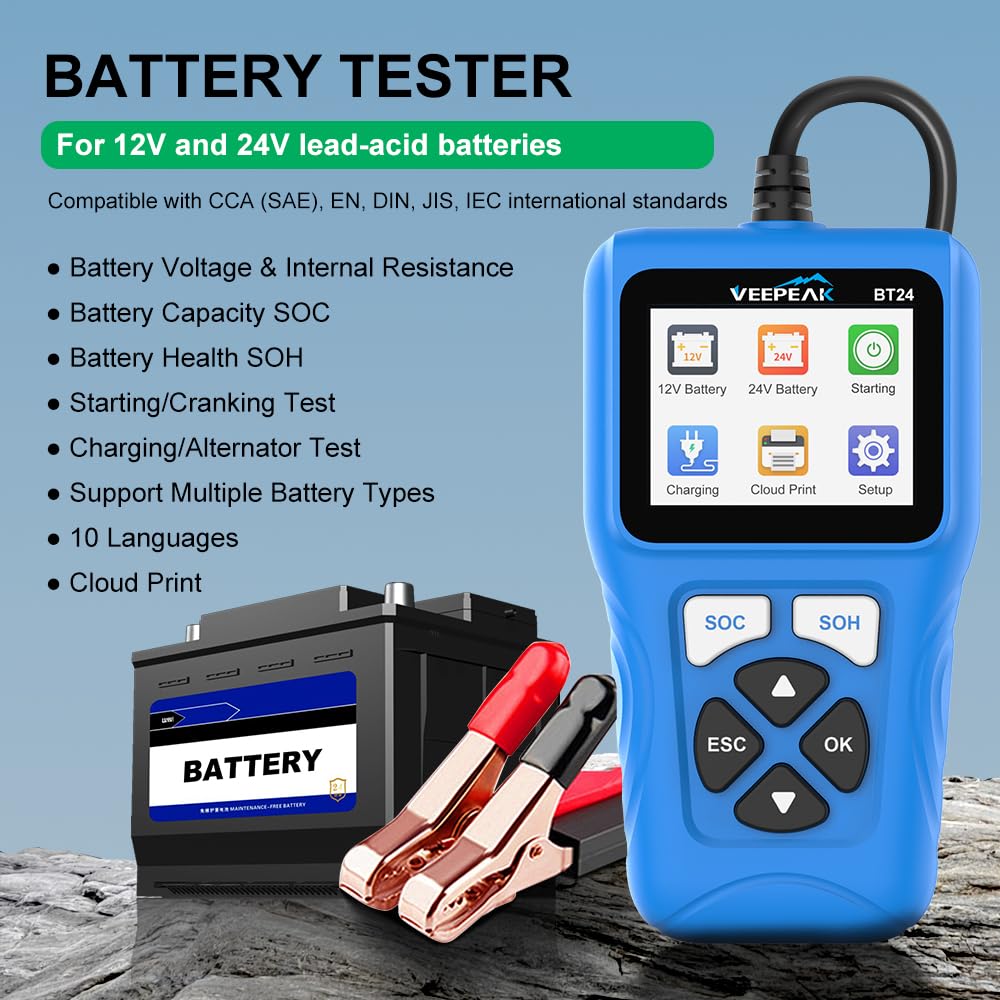 Veepeak Car Battery Tester 12V 24V, 100-2000CCA Battery Load Tester Analyzer with Cranking and Charging System Test for Cars, SUVs, Boats, Trucks and Motorcycles