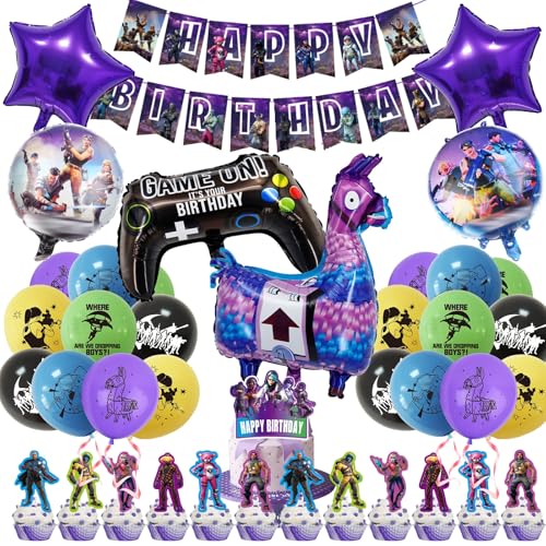 40 PCS Video Game Foil Balloons Game Theme Birthday Party Decorations Include Happy Birthday Banner 6 Game Foil Balloons 20 Latex Balloons 13 Cake Toppers for Kids Birthday Party