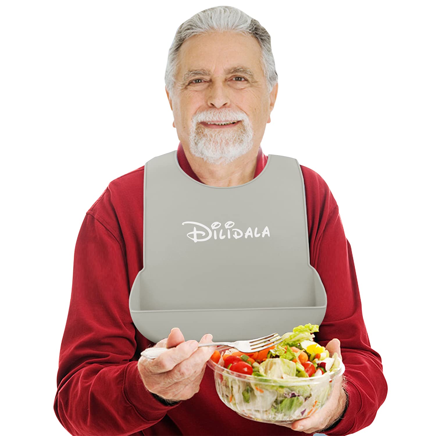 Adult Silicone Bibs for Eating Adjustable Bib for Elderly w/ Food Catcher Pocket