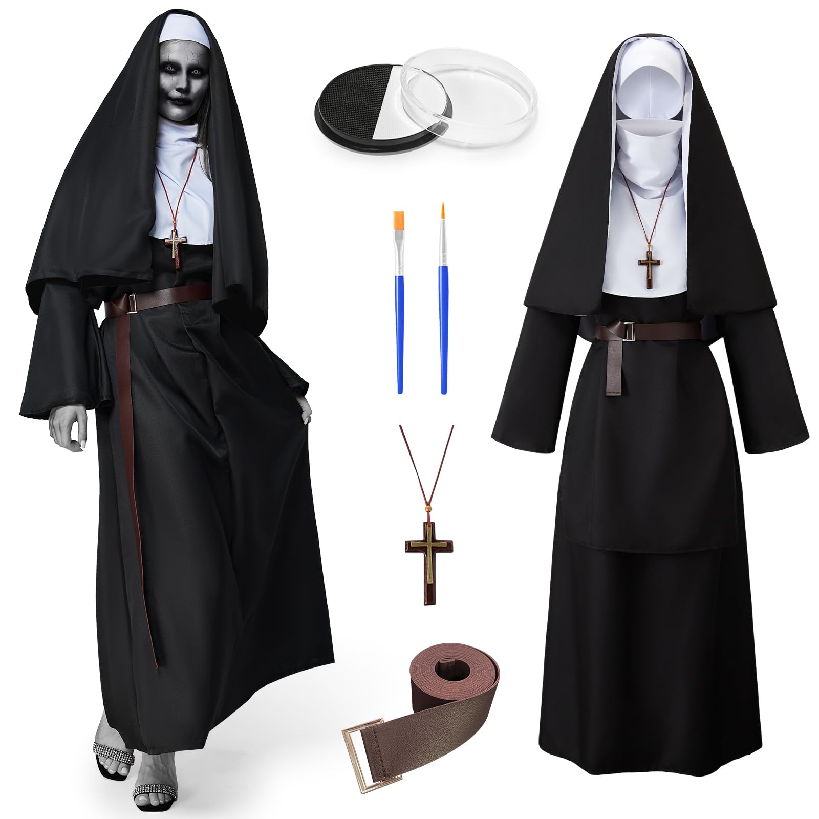 Ulikey Disfraz Monja Halloween, Disfraz de Monja Negro, Disfraces Halloween Mujer con Cruz Marrón, Cinturón para Halloween, Carnaval o Fiestas Temáticas