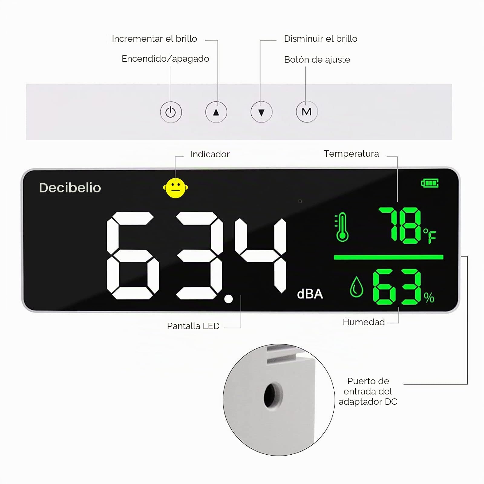 Medidor de nivel de sonido de 11 pulgadas con pantalla LED grande, medidor de humedad y temperatura con alarma e indicador amplio