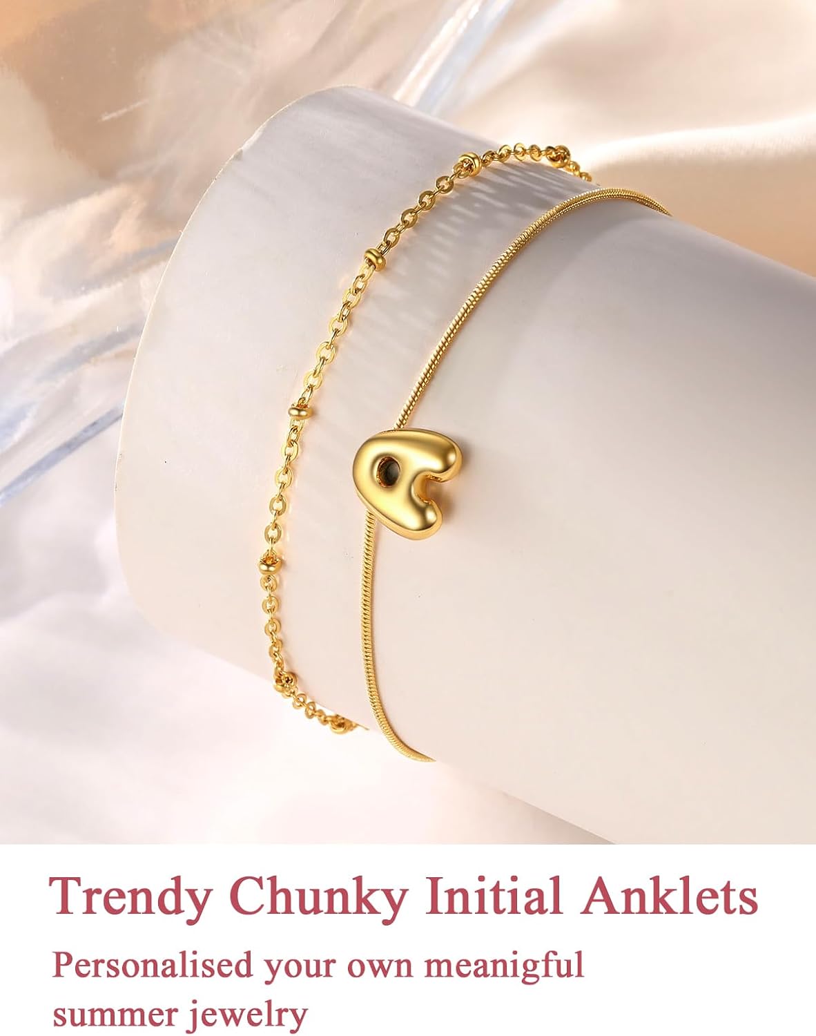 FOCALOOK Initial Anklet Bracelet for Women, 14K Gold Plated Anklets Layer Letter Ankle Chain Non Tarnish, 8.5"+2" Adjustable Large Ankle Summer Beach Foot Jewelry - Image 3