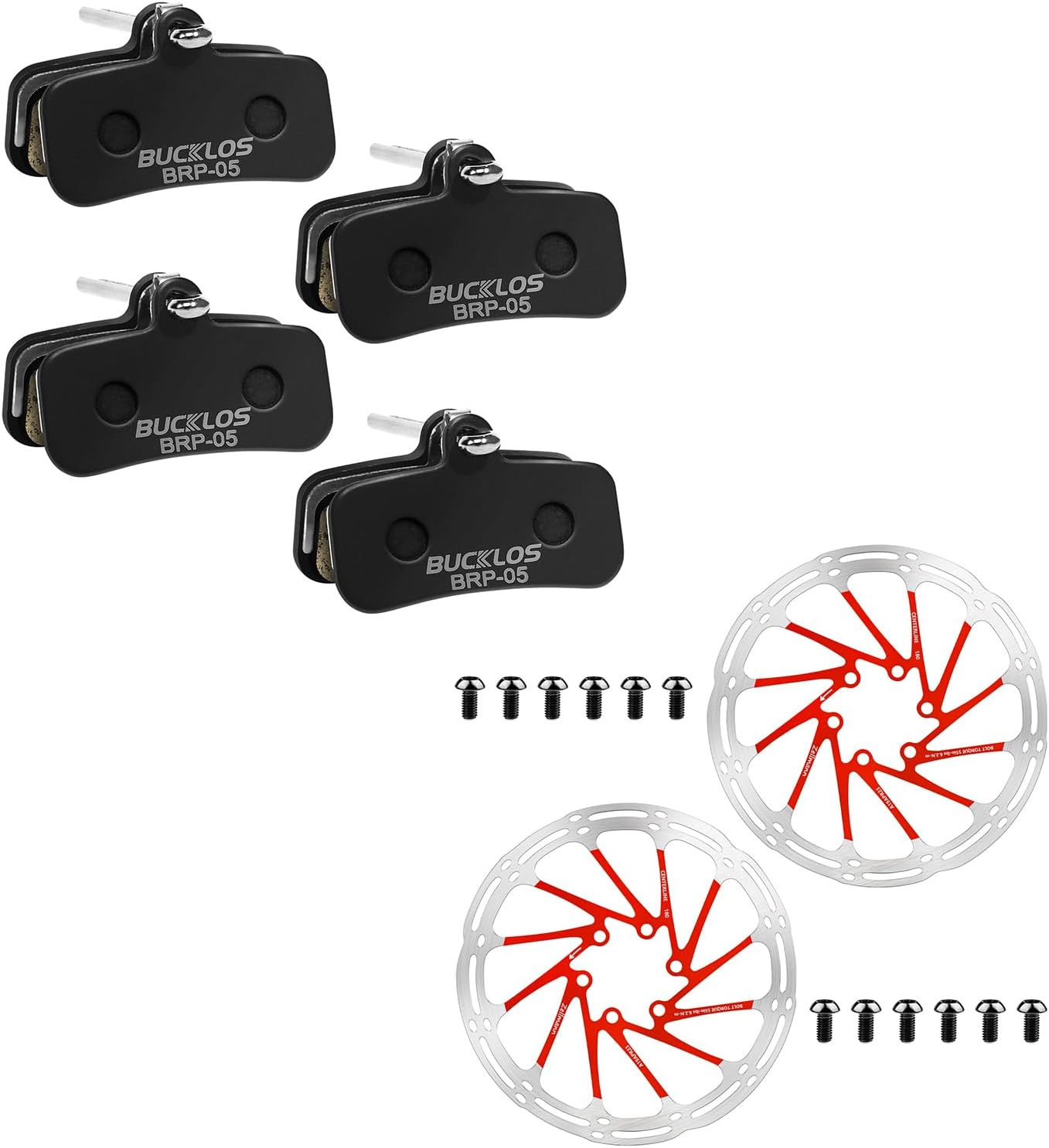 BUCKLOS 4 Pair Resin Bicycle Disc 4 Piston Pads for Shimano D02S D03S Saint Deore XT XTR SLX Zee/Tektro/TRP and 2PC 180mm Red MTB Stainless Steel Bicycle Disc Rotors Bike Brake Rotors