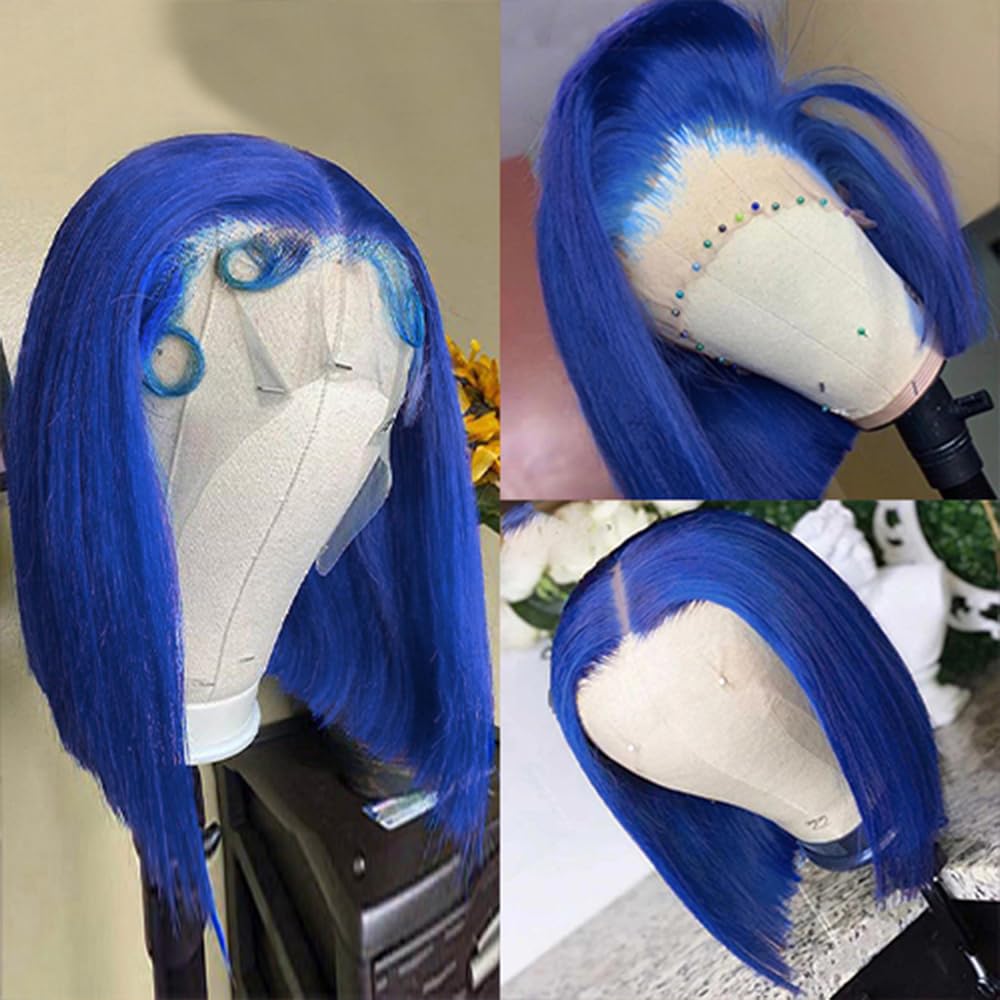 Amazon.com : Pre Plucked 13X4 Straight Glueless Blue Bob Wig  display picture 1