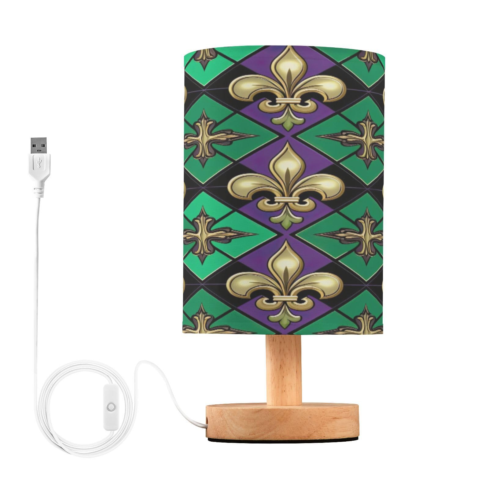 SDMKA Mardi Gras Tile Pattern Bedside Table Lamp for Bedroom, Minimalist Nightstand Lamp with Round Fabric Shade for Living Room, Office, No Bulb Required